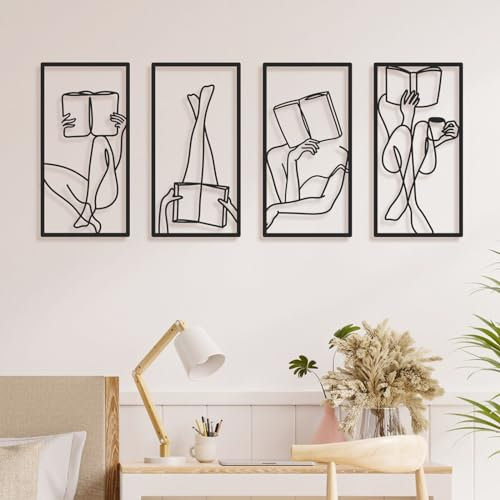 Bakovity Schwarze Metall-Wandkunst, minimalistische Linien-Wanddekoration, abstrakte Frauenbuch-Wanddekoration, moderne ästhetische Metallkunst für Schlafzimmer, Badezimmer, Wohnzimmer (4 Stück, 43,2