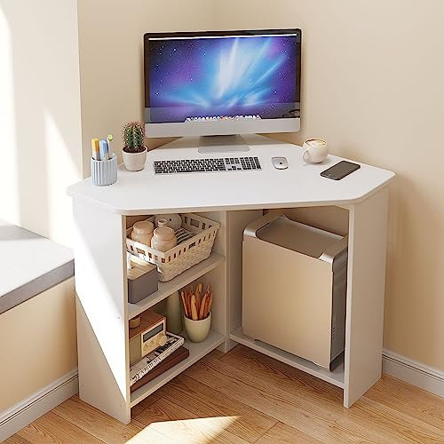XMDEUR Eckschreibtisch für kleinen Raum, dreieckiger Computertisch, Eckschreibtisch mit Regalen und CPU-Ständer, Schminktisch für Heimbüro, Arbeitsplatz (57 x 57 x 74 cm, weiß)