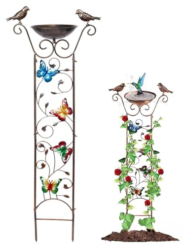Wedhapy Vogeltränke Mit Gartenspalier Vogelfutterspender 2 in 1 Vogelwasserspender Aus Metall Mit Dekorativem Schmetterling Abnehmbarer Stehender Vogelwasserspender Stehend Schmetterling