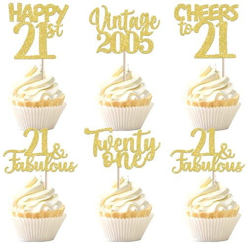 SYKYCTCY 30 Pack Happy 21st Birthday Cupcake Toppers Glitter Twenty One Vintage 2005 Cupcake Picks 21 Fabulous Cheers to 21 Years Cake Decorations for 21st Birthday Anniversary Party Supplies Gold
