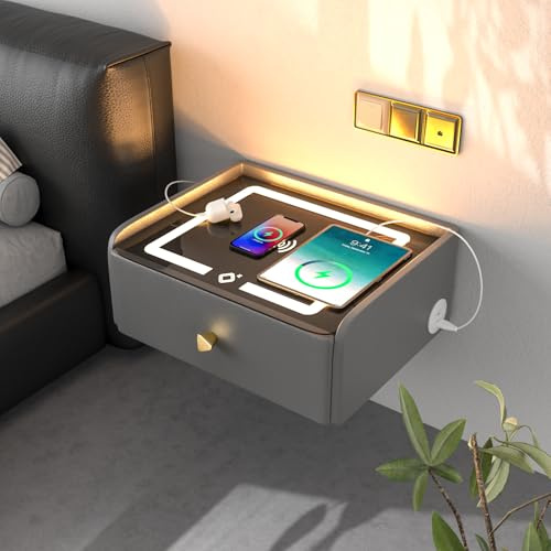 ihomemore Nachttisch Hängend Wandregal Mit Schublade Smart Nachttisch Schlafzimmermöbel-Optionen für Junge Erwachsene Grau