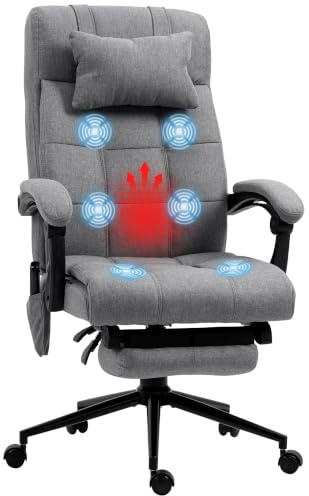 Vinsetto Bürostuhl mit Massagefunktion, Ergonomisch, Kopfstütze, Grau | Schreibtischstuhl mit Liegefunktion, Lendenheizung, Höhenverstellbar Computerstuhl, Fußstütze