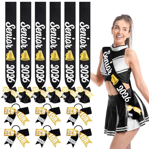 Vinsatin 6 Set Senior Sash 2026 Sport Satin Sash Glitter Cheer Hair Bow Senior Night Decor Cheerleader Gift Girl(Black)