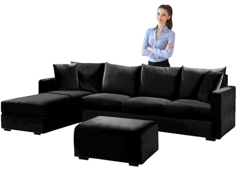 SYLC Samt Couch überzug L Form Sofabezug Ecksofa, Sofa Cover L Shape Stretch Mit Sitzkissen Rückenlehne, Universal Sofaüberwurf Waschbar (Black,Hocker Quadratisch-L)