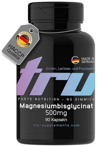 Magnesiumbisglycinat 1000mg Tagesdosis - 90 Kapseln - Hochdosiert - 200mg Magnesium - TRU Sports Nutrition - 100% Vegan | Herstellung & Laborprüfung in Deutschland