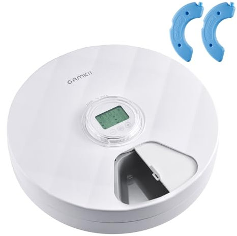 GAMKII Automatic Cat Wet Food Feeder 6 Meals with 2 Ice Packs, Battery Power Auto Pet Food Dispenser with Timer, Memory Function for Cats Small Dogs-First Meal with Cover (ABS Food Tray)