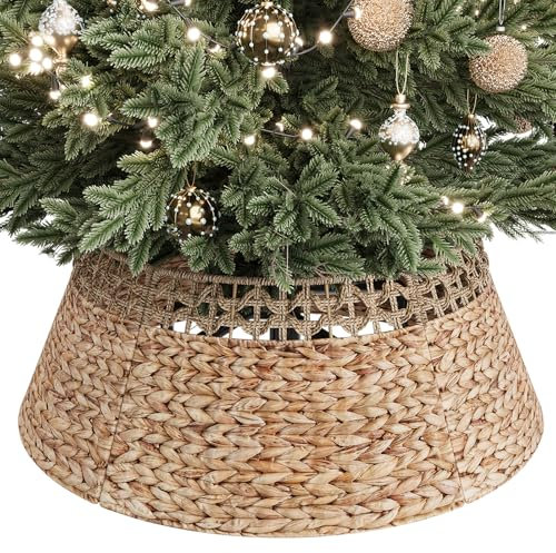 ELYKEN Christmas Tree Collar, 28 Inch Seagrass & Water Hyacinth Woven Tree Collar, Rattan Wicker Christmas Tree Skirt, Tree Stand Base Cover, Rustic Farmhouse Tree Ring for Xmas Artificial Trees