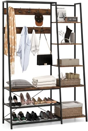 CASART Clothes Rail, 5-in-1 Metal Hall Tree with Hooks, Shelves, Shoe Bench & Shoe Racks, Freestanding Clothing Hanger Entryway Coat Rack for Bedroom Living Room (5 Side Shelves)