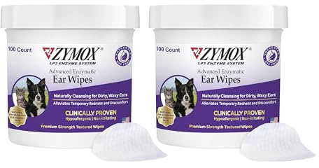 Zymox Advanced Enzymatic Ear Wipes for Dogs and Cats - for Dirty, Waxy, Smelly Ears - Premium Strength Ear Cleaner Wipes - Non-Irritating - Hypoallergenic (100 Count-Pack of 2)