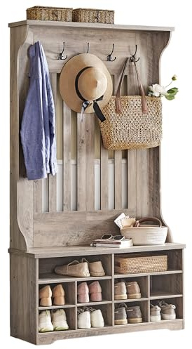 VASAGLE Meuble d’Entrée, Porte-Manteau avec Banc à Chaussures, Vestiaire, Rangement pour Chaussures, 5 Crochets Triples, Gain de Place, pour Entrée, Couloir, Étagères Réglables, Grège Chiné HSR404T02
