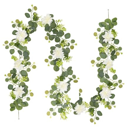 Guirlande d'eucalyptus avec fleurs pour table, guirlande de feuilles de 1,8 m – Guirlande d'eucalyptus artificiel de 1,8 m – Guirlande de fleurs de verdure pour mariage, maison, fête, chemin de table