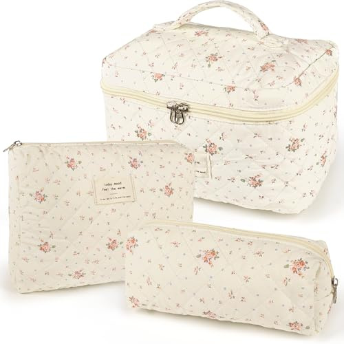 TOPALL Reise Kosmetiktasche Set Damen,Blumen Kosmetiktasche Aesthetic Make Up Bag Tasche Gesteppte Kulturtasche Beauty Case Baumwolle,3PCS(Red Flower)