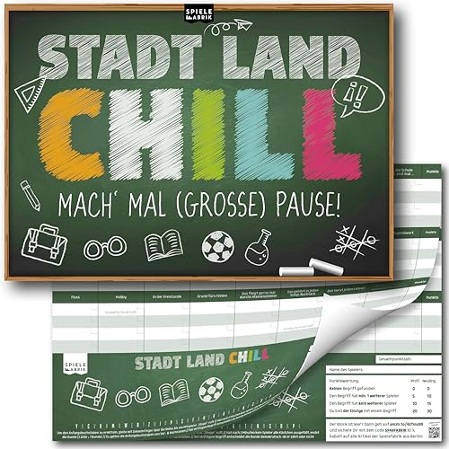Stadt Land Fluss Schule CHILL MAL Das Spiel für den Schulhof in der Pause Quiz für Schüler als Pausenspiel Spielblock A4 mit 24 Kategorien als Geschenk-Idee für Teenager, Schüler, Lehrer | 50 Blatt