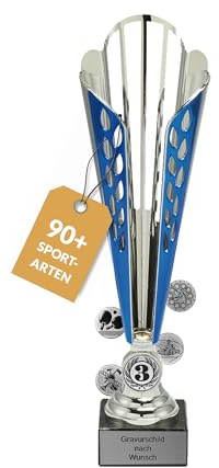 Pokal mit Gravur Wunschtext, Silber & blau, 32/33,5/35,5 cm | Personalisierte Auszeichnung für Fußball WM & Sport Events, inkl. Marmorsockel, Geschenk-Trophäe für Kinder