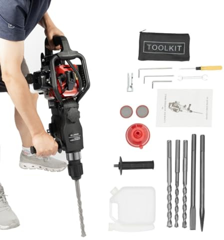 KAHYKLQI 33CC 2 Stroke Gas Powered Demolition Jack Hammer,3 in 1 Jack Hammer Concrete Breaker with Punch Drill Chisels,1000W Heavy Duty Gasoline Hammer Drill Rock Breaker for Crushing Chiseling