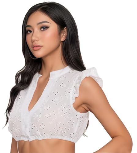 GWAWG Blouse Traditionnelle à Manches Courtes pour Femme - Blouse Bavaroise Élégante en Dentelle pour Fête de la Bière (FR/ES, Alpha/Lettres, M, Taille Normale, Taille Normale, White)