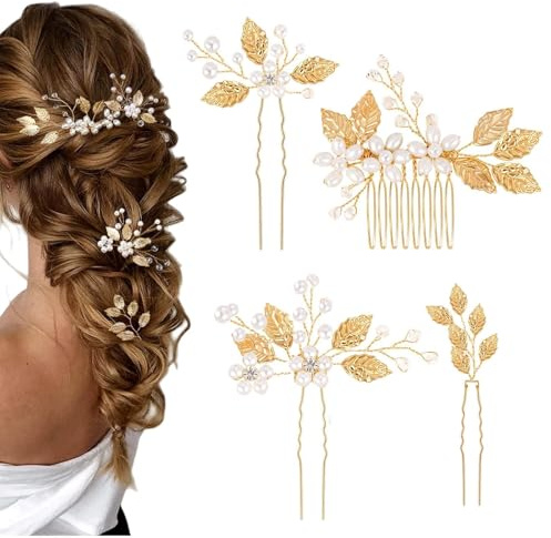 Lot de 4 épingles à cheveux de mariée - Accessoires Cheveux Mariage Feuilles dorées - Perles de cristal - Vintage - Accessoires de cheveux de mariage - Pour mariées et demoiselles d'honneur