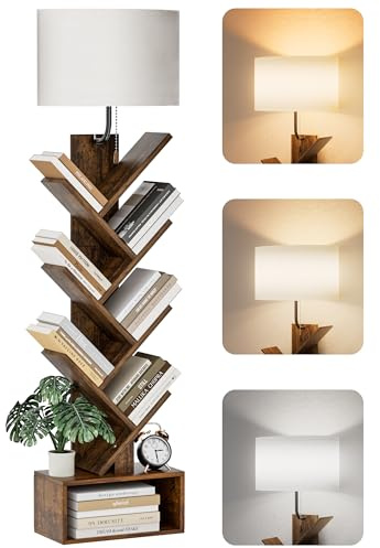 TabHolderix 6 Tier Tree Bookshelf with Light, Corner Tall Narrow Bookshelf, Small Bookcase with Storage Cabinet,Floor Standing Bookshelves Organizer for Bedroom/Living Room/Home Office, Rustic Brown