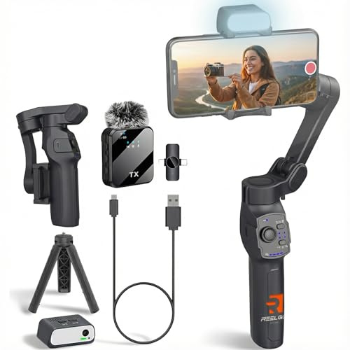 Reelgo Studio Pro – Stabilisateur Smartphone 3 Axes avec Suivi IA, Éclairage LED, Micro-Cravate, Trépied Intégré & Batterie 13H | Gimbal compatible avec Iphone telephone Android | Kit Créateurs & Pros