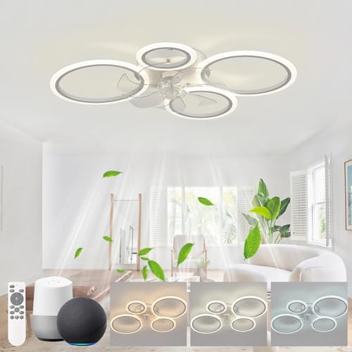 Ventilador de techo inteligente de 80 cm con luces LED, compatible con diseño silencioso reversible de 4 anillos para dormitorio y sala de estar, función de temporizador, acabado blanco moderno