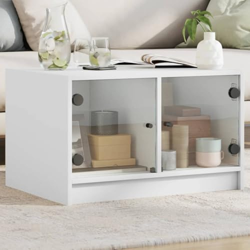 HaoChrymec Couchtisch mit Glastüren, Modernes Design, Praktische Aufbewahrung, Beistelltisch für Wohnzimmer, Kaffeetisch für Couch, Weiß, 68 x 50 x 42 cm