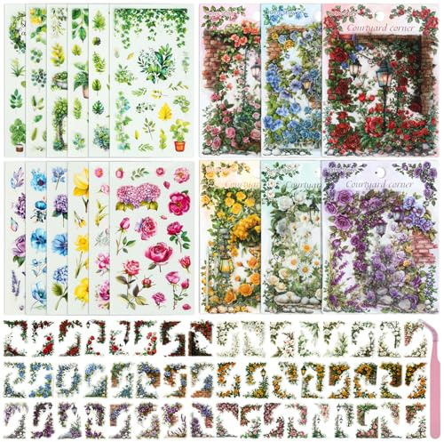 180 pezzi Scrapbook Stickers Hofecke, carta PET Scrapbook con 12 pezzi di adesivi floreali, accessori per junk junk journal e album di foto fai da te