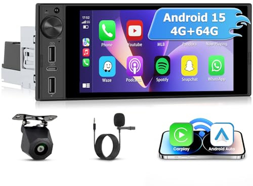Inefala Android 15 4+64G Autoradio 1 Din Wireless CarPlay con Schermo 6 Pollici Stereo Auto Bluetooth con Android Auto CarPlay Mirror Link FM/RDS GPS USB Tipo-C WiFi Telecamera Posteriore AHD