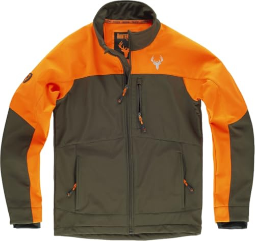 WORKTEAM Cazadora Softshell Caza y Pesca con Bolsillos, con Forro Polar interior Unisex Naranja Fluor+Verde Caza-4XL
