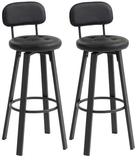 HOMCOM Barhocker 2er Set Drehbar Fußstütze Rückenlehne, Schwarz | Gepolstert, Barstühle, Bistrohocker mit Metallgestell, Tresenhocker aus Kunstleder, 76,5 cm Sitzhöhe