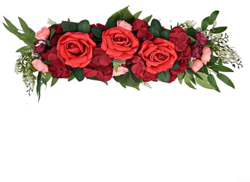 Arco nuziale per decorazione con festone di rose artificiali, realizzato a mano in tessuto di seta e filo di ferro, composizione floreale per matrimoni e uso interno/esterno (rosso)