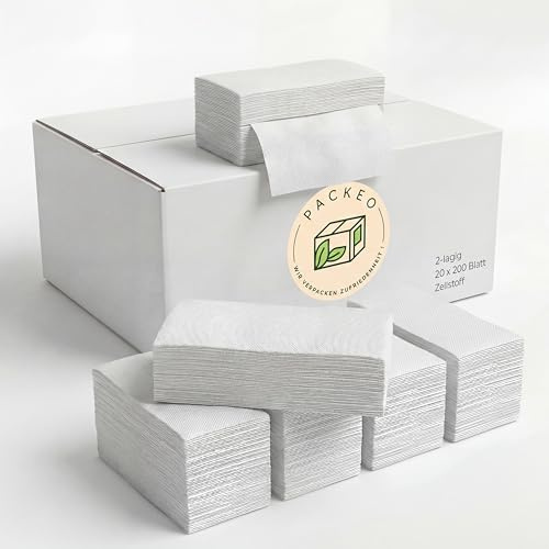 PACKEO Papierhandtücher 4000 Blatt – ZZ-Falz/V-Falz Falthandtücher 2-lagig Hochweiß Zellstoff – Handtuchpapier 25 x 23 cm für Spender – Papierhandtücher