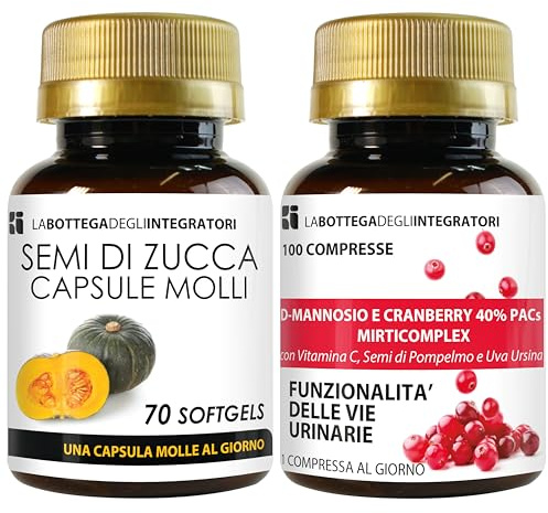 Semi di Zucca 70 Softgels e D Mannosio Cranberry 40% Mirticomplex 100 Compresse | Antiossidante Drenante Vie Urinarie | Una al Giorno