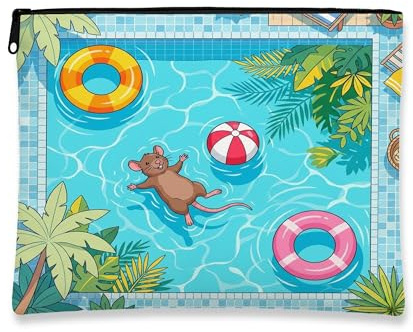 Rat Mouse Makeup Bag, Cute Pool Lifebuoys Tropical Cosmetic Travel Pouch for Women Girls, Portable Small Canvas Zipper Organizer, Animal Toiletry Bag 7x9 Inch