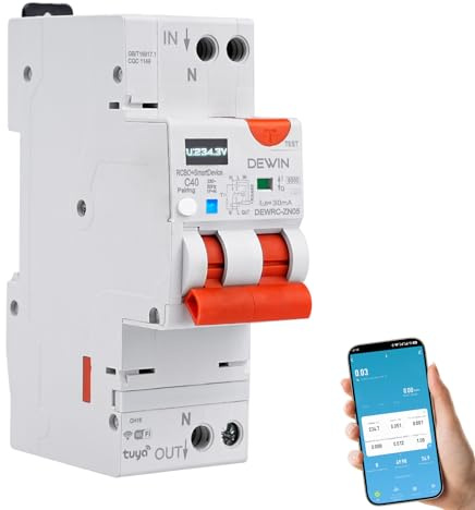 Candeon Interruptor Diferencial 30mA Tipo A, Interruptor de circuito Fi TUYA WiFi 1P+N 40 A, interruptor inteligente con reencendido automático y protección de corriente residual (DEWRC-ZN05)