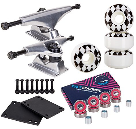 Cal 7 Skateboard Package | Complete Combo Set with 139 Millimeter / 5.25 Inch Aluminum Trucks, 52mm 99A Wheels & Bearings (Silver Truck + White Speedway Wheels)