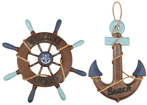 2 Pack 13 Nautical Beach Wooden Ship Wheel and 13 Wooden Anchor with Rope Nautical Boat Steering Wheel Rudder Anchor Wall Art Decor Door Hanging Ornament Beach Theme Home Decoration(Retro Brown)
