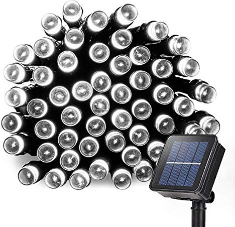 Lamker Solar LED Lichterketten Außen Kaltweiss 12M 100er LEDs Lichterkette Wasserdicht Grünes Kabel 8 Modi Dimmbar Beleuchtung Deko für Garten Terrasse Balkon Tor Hof Hochzeit Solarlichterkette
