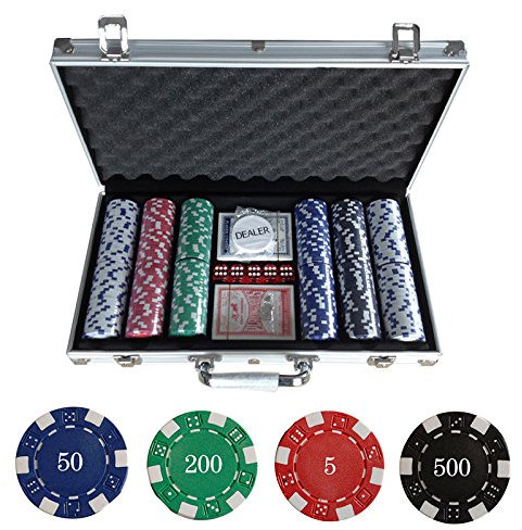 XUANYU Pokerkoffer 300 Chips Poker-Chips Set mit Würfeln, 2 Kartendecks, 5 Würfel, Händler, Pokerset mit Aluminium-Gehäuse