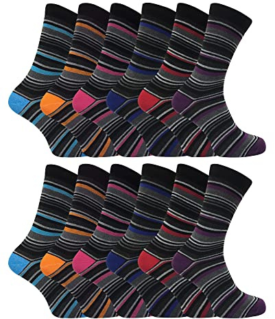12 Pair Multipack Mens Cotton Striped Socks | SOCK SNOB | 12 Pair Multipack | Orange Purple Pink Blue & Red Striped Socks (6-11, Assorted)