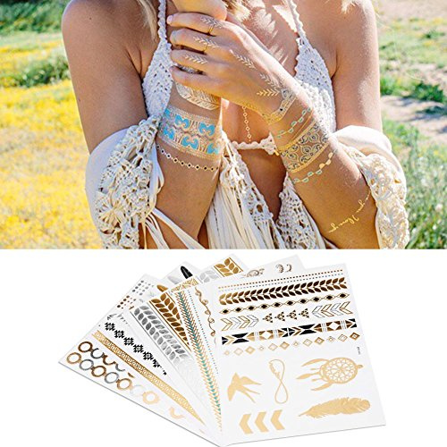 Tillfälliga metalliska tatueringar, 5 stora blad, blandade guld-silver-glitter färgblixt falskning, vattentäta tatueringsklistermärken för vuxna, barn, strandfester, fester