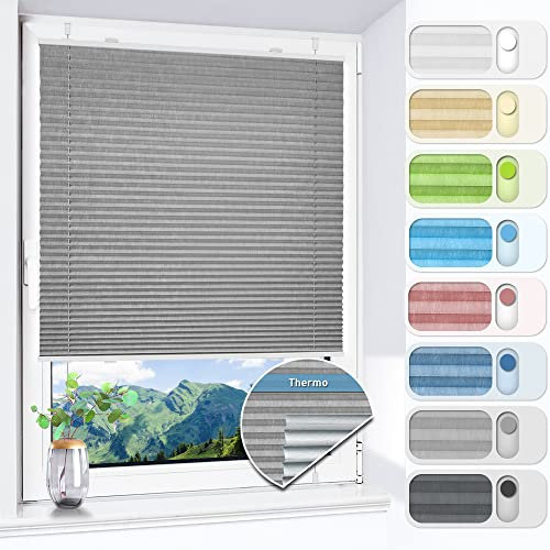 HOMEDEMO Plissee ohne Bohren verdunkelung, Thermo Plisseerollo Klemmfix, Hellgrau 115x130cm(BxH) Verdunklungsplissee 100% lichtundurchlässig für Fenster, Blickdicht Sichtschutz Sonnenschutz