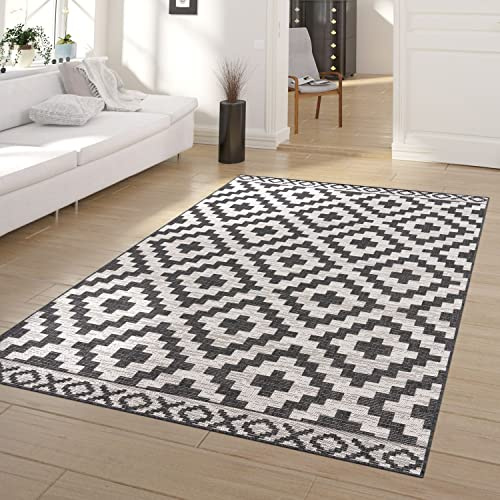 TT Home In-& Outdoorteppich Wetterfest Terrasse Geometrisches Rauten Boho Skandi Design, Farbe: Weiß Schwarz Creme, Größe:200x280 cm