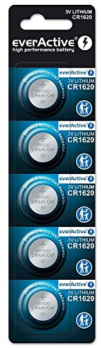 everActive Lot de 5 piles bouton CR1620 3 V au lithium, pile la plus puissante, durée de vie de 10 ans, lot de 5-1 carte blister