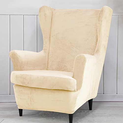 Qelus Samt Ohrensessel Überzug,Sesselbezug Ohrensessel,Plüsch Stuhlhussen Sessel，Möbelbezüge Schutz für Wohnzimmer Schlafzimmer Dekoration （Beige）