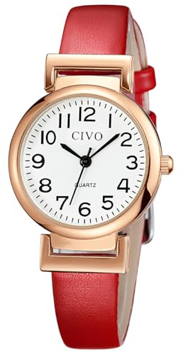 CIVO Damen Uhr Leder Rot Analog Quarz Wasserdicht Armbanduhr für Frauen Minimalistische Klassisch Elegante Lässig Kleid Geschenke Uhren fur Damen Frauen