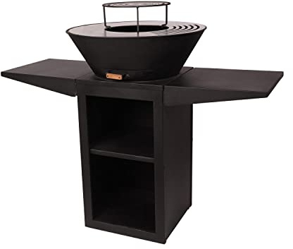 PUR LINE | Großer EFP57-Stahlgrill mit runder Edelstahlplatte und Corten- oder Schwarz-Finish – Multifunktions-Kohlenbeckengrill mit Grill, klappbaren Seitenablagen und Platz für Brennholz