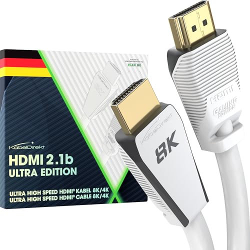 KabelDirekt – 10K & 8K HDMI Kabel, HDMI 2.1 b, zertifizierte Ultra Edition für maximale Performance – 2m (48G, Ultra High Speed, 8K@60Hz/4K@144Hz, Gaming PC/PS5/Xbox, HDMI-zertifiziert, weiß)