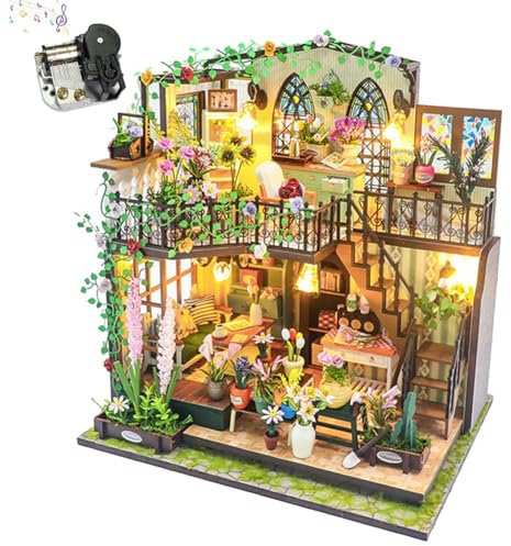 Kit de casa de muñecas, invernadero, habitación en miniatura con luz LED, kit de construcción de modelos de madera para adultos, casa de flores, regalos para amigos (sin cubierta antipolvo)