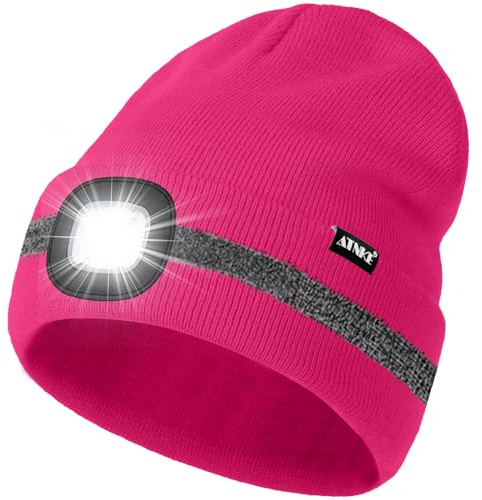 ATNKE LED Mütze mit Licht, Wiederaufladbare USB 4 LED Beleuchtete Laufmütze Extrem Heller Lampe Winter Warme Stricken Mütze mit Reflektierendem Streifen für Herren und Damen Geschenke