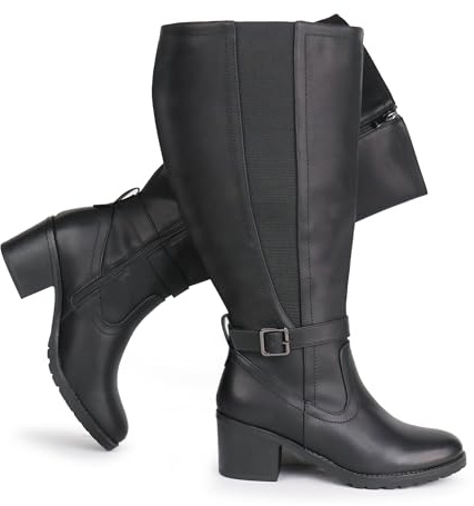 Chicblooms Stivali da donna con polpaccio extra largo, inserto elasticizzato, cerniera laterale, altezza al ginocchio, con tacco a blocco, Nero , 40 EU